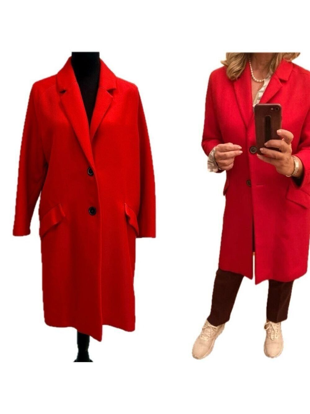Zara red long sleeve single breasted midi coat jacket Sz S